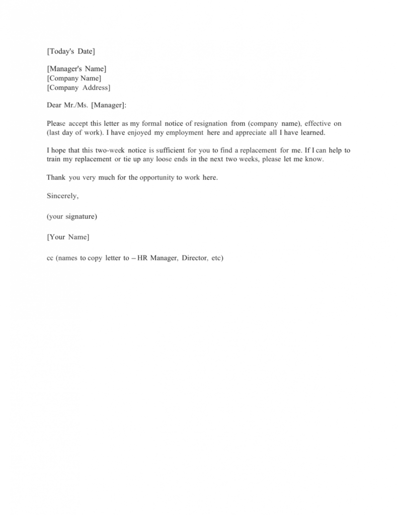 Download Standard Two (2) Weeks Notice Letter Template And within 2 Weeks Notice Template Word