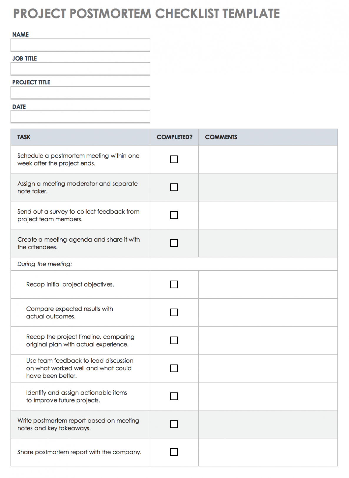 Project Post Mortem Template Word