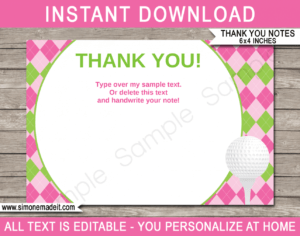 Golf Birthday Party Thank You Cards Template – Pink/Green for Thank You Note Cards Template