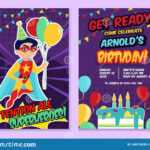 Superhero Party Festive Template With Cute Boy Stock Vector Pertaining To Superhero Birthday Card Template