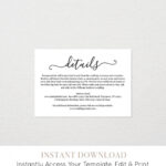 Wedding Details Card Template, Printable Accommodations with Wedding Hotel Information Card Template