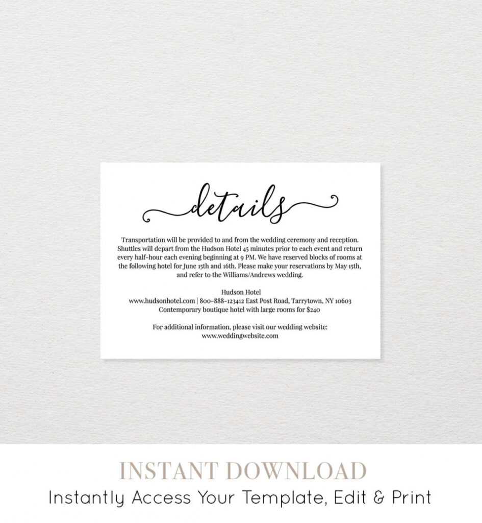 Wedding Details Card Template, Printable Accommodations with Wedding Hotel Information Card Template